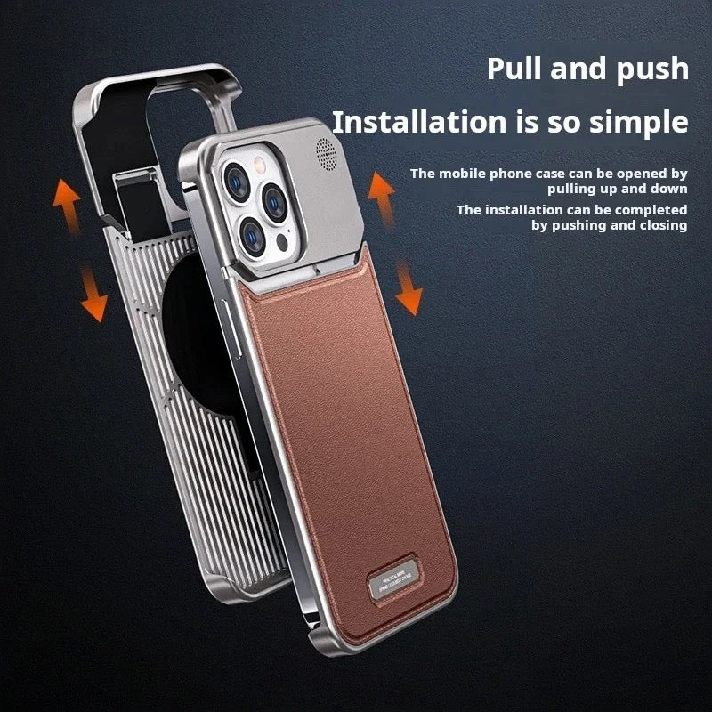 16 Pro Max Luxury Aluminum Leather 2-in-1 Phone Case for iPhone