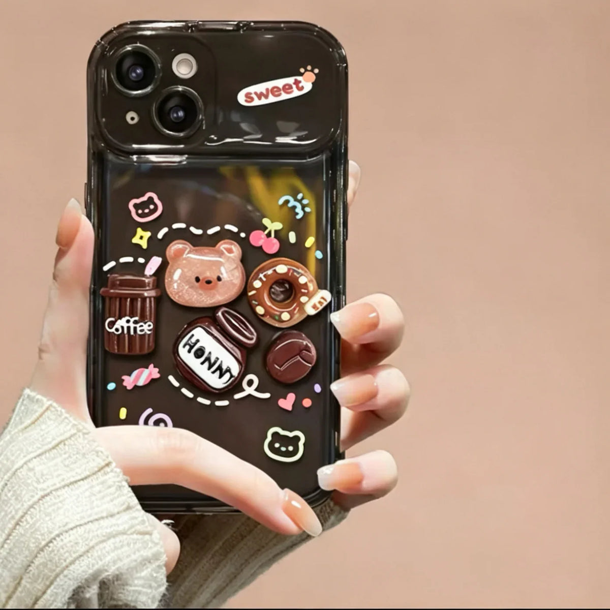 3D bear and Coffee Portable Mirror Phone Case