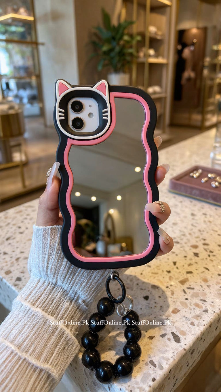 3D Black Mirror iPhone Case with Beaded Chain